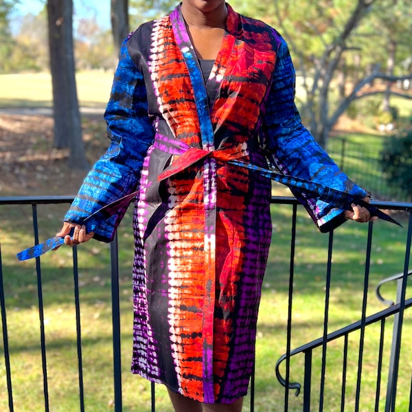 African Print Ankara Multicolor Tie Dye Kimono Bohemian Belted Midi Blazer
