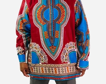 Red  Multicolor African Print Ankara Long Sleeve Dashiki Men Shirt