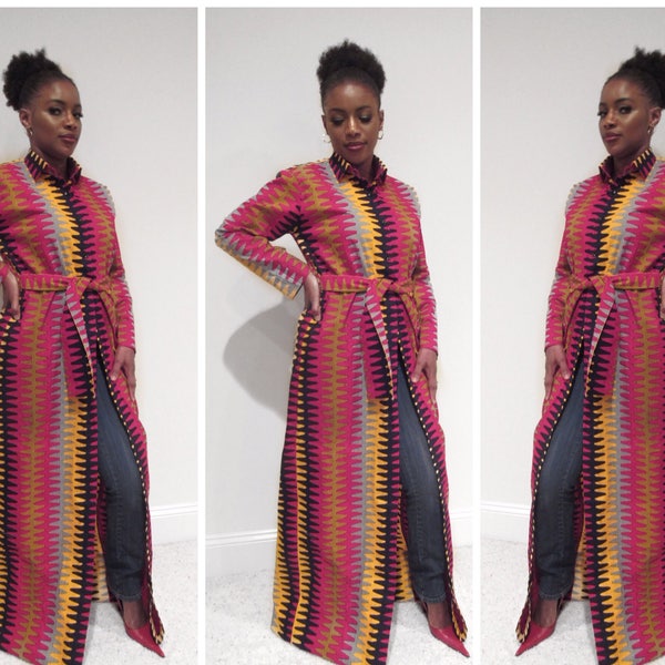 African Print Ankara Mixed Print Multicolor  Button Front Belted Duster