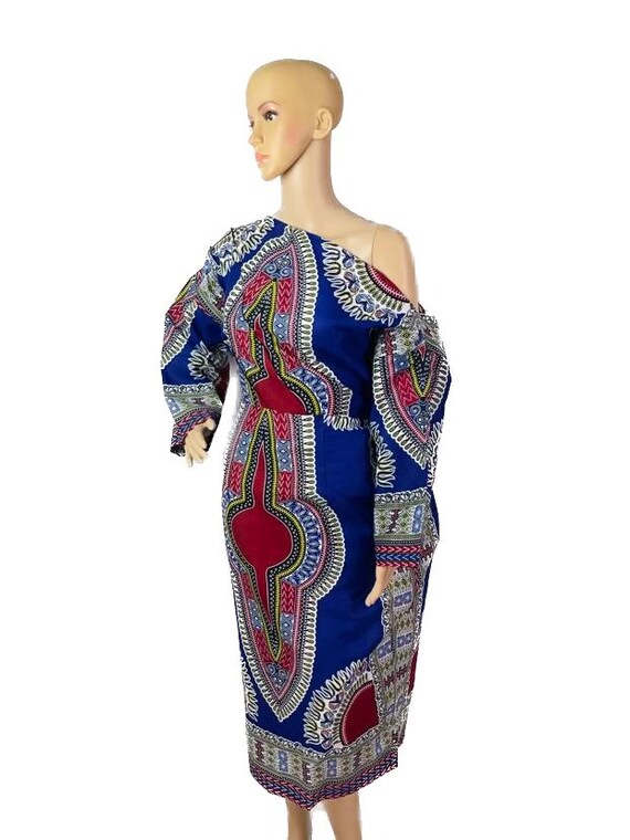Blue African Print Ankara Dashiki Multicolor One Shoulder Asymmetrical Midi  Dress - Etsy