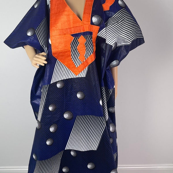 African Print Ankara Blue and Orange Colorful Multicolor Kaftan Maxi Poncho Dress