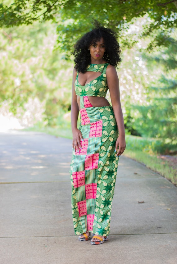 Green Multicolor Color-block Mixed Print African Print Ankara Mixed Print Cutout Maxi Pencil Dress