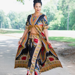 African Print Ankara Black Dashiki Duster Top and pants Set