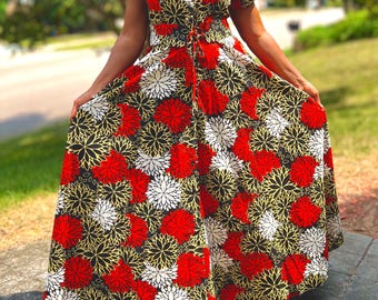 Red Multicolor African Print Ankara Floral Print Collared  Maxi Dress