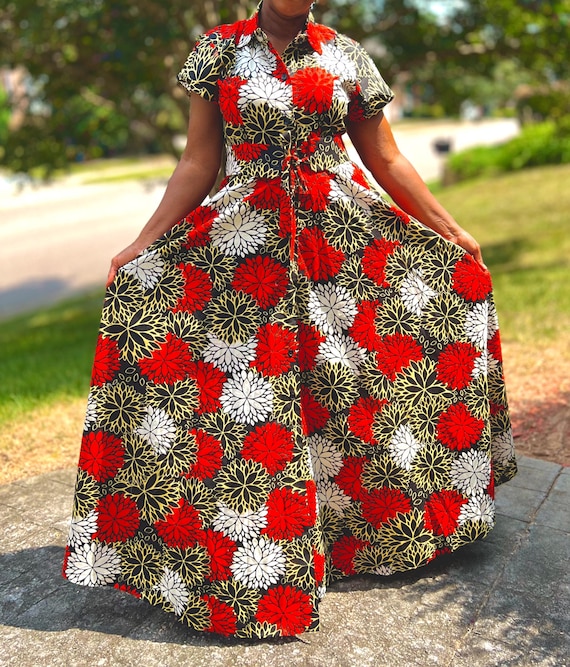 red and white african dresses Thabisa Dress (Red and White Stretchy African / Ankara Print)