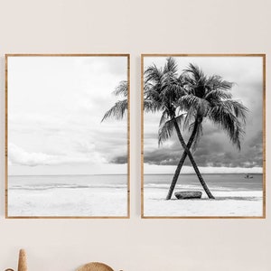 Coastal Set of 2, Black and white beach Wall Art, Ocean Wave Photo, Modern Reeds Poster, Digital Beach Seagull, Tropical beach Printable