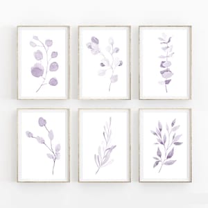 Lot de 6 impressions botaniques violet, art mural violet, branches et feuilles violet, art botanique, décor violet