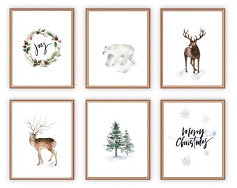 Set of 6 Christmas Print set, Winter wall art, Christmas watercolor Printables, Winter Snow posters, Christmas decorations, Winter prints