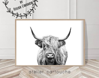 Impressão de vaca das Terras Altas, decoração de fazenda, preto e branco, foto rústica de vaca, download digital para impressão, decoração rústica, animal de fazenda, decoração de fazenda
