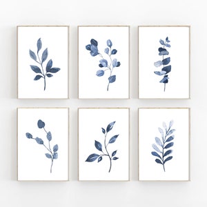 Set of 6 Indigo Blue Botanical, Home Plant Drawings Wall Art Set, Navy branches and leaves, Boho art print, Cottage interior design decor
