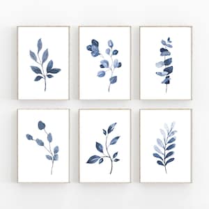 Set of 6 Indigo Blue Botanical, Home Plant Drawings Wall Art Set, Navy branches and leaves, Boho art print, Cottage interior design decor