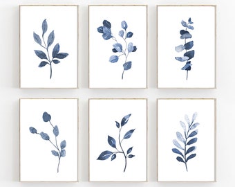 Set of 6 Indigo Blue Botanical, Home Plant Drawings Wall Art Set, Navy branches and leaves, Boho art print, Cottage interior design decor