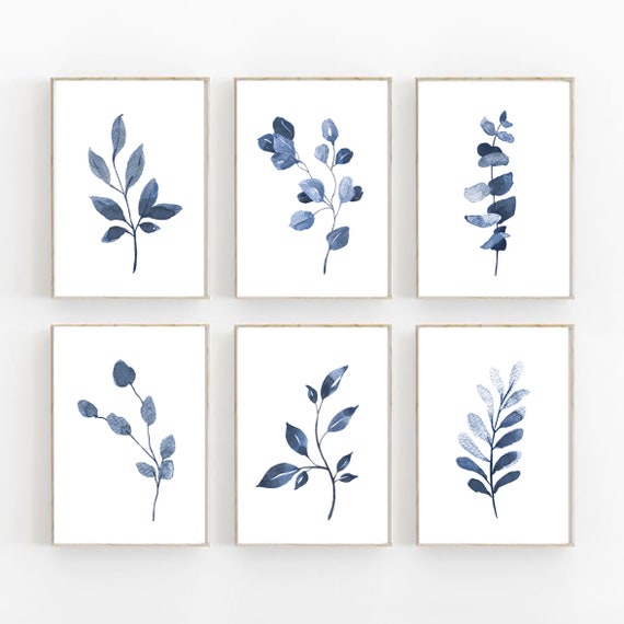 Set of 6 Indigo Blue Botanical Prints Navy Blue Wall Art Etsy UK