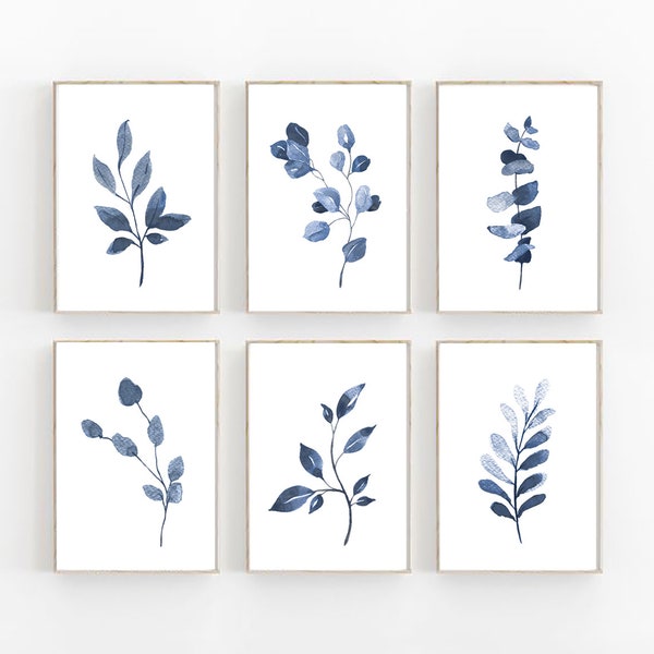 Set of 6 Indigo Blue Botanical, Home Plant Drawings Wall Art Set, Navy branches and leaves, Boho art print, Cottage interior design decor