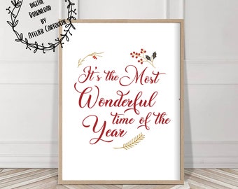 Christmas Print, It's the most wonderful time of the year, Christmas decoration, xmas vibe, red Christmas typography, Holiday Decor
