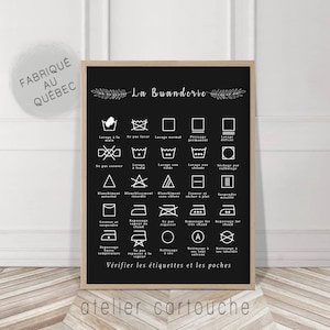 Règles de buanderie, symboles de lavage, affiche pour la lessive, symboles de buanderie, Art Print, décor moderne de maison, tableau noir