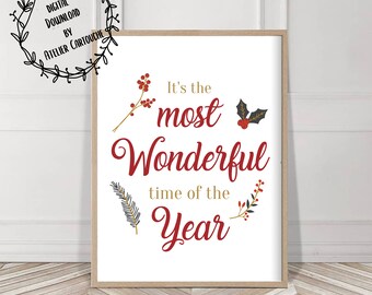 Christmas Print, It's the most wonderful time of the year, Christmas decoration, xmas vibe, red Christmas typography, Holiday Decor