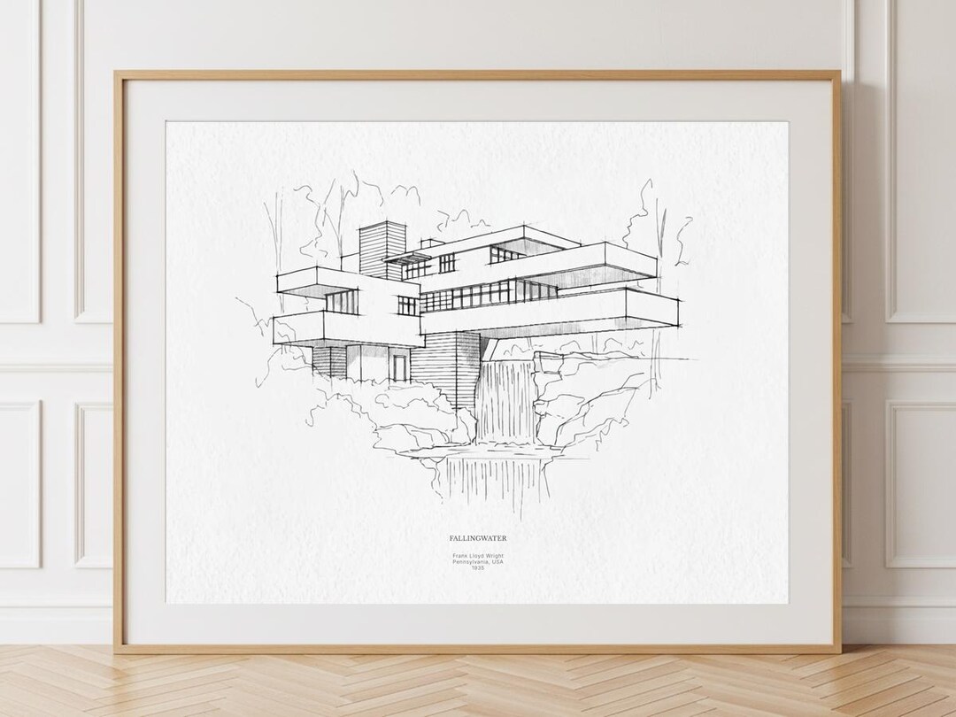 Fallingwater Architectural Sketch Print – Frank Lloyd Wright Line ...