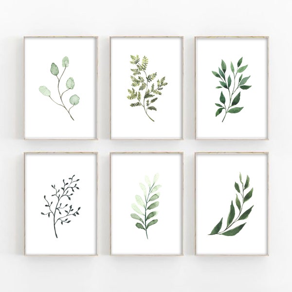 Set of 6 Green Botanical Prints, Green branches and leaves, Botany art prints, Botanical posters, Green wall art, Green decor, Modern art