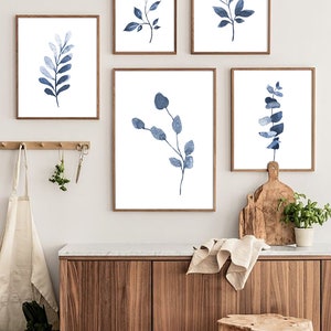 Set of 6 Indigo Blue Botanical, Home Plant Drawings Wall Art Set, Navy ...