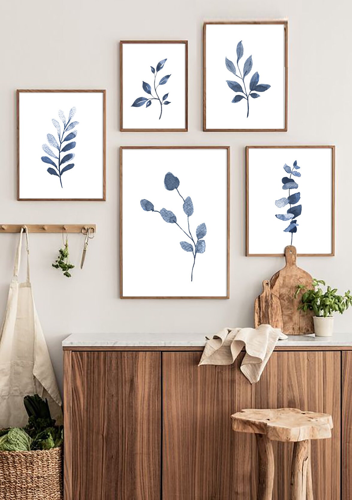 Set of 6 Indigo Blue Botanical, Home Plant Drawings Wall Art Set, Navy ...