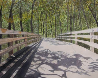 Bridge, watercolor, print, shadows, forest, trees