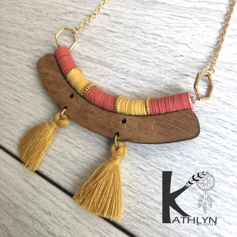 coral boho jumper necklace and mustard yellow