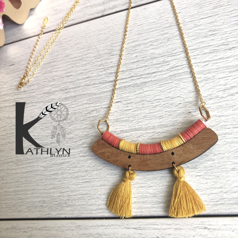 coral boho jumper necklace and mustard yellow