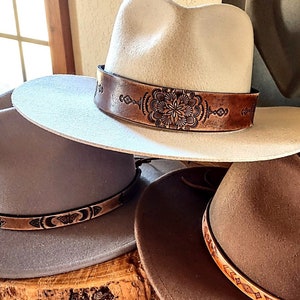 Leather Hat Band, Hand Tooled, Western Boho, Felt Hat Accessory