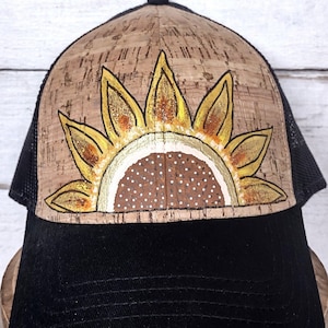 Hand Painted Trucker Hat, Sunflower, One of a Kind, Handmade