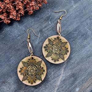 Antiqued Leather Earrings with Glass, Handmade, One of a Kind, Green and Peach