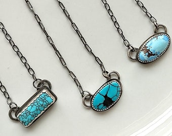 Turquoise Bar Necklace, Sterling Silver, Handmade, One of a Kind Silversmith Jewelry