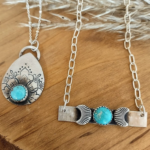 Turquoise Sterling Silver Necklace, Handmade Artisan Jewelry, Silversmith Necklaces