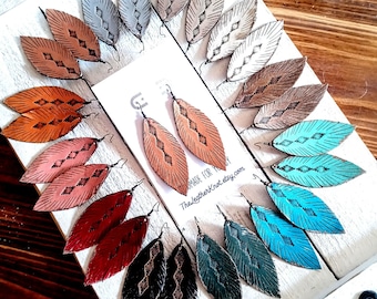 Leather Feather Earrings, Handmade, Southwestern Boho Design
