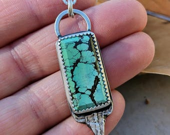 Turquoise Cow Skull Pendant Necklace, Hand Forged, OOAK
