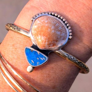 Opal and Seashell Cuff Bracelet, Silver and Gold, Hand Forged