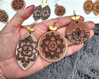 Floral Hand Tooled Leather Earrings, Brown and Gold, Artisan Earrings
