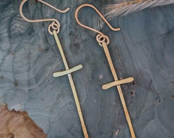 Hammered Cross Earrings, Solid Raw Brass, Handmade