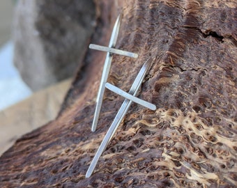 Sterling Silver Cross Earrings, Threader Style, Handmade, Artisan Jewelry