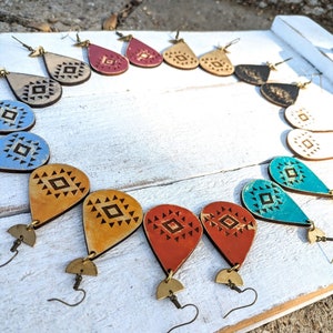 Wooden Southwestern Earrings, Hand Painted, Rustic Finish