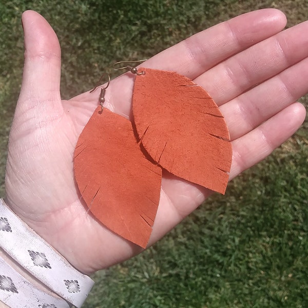 Leather Feather Earrings, Pumpkin Spice, Orange Suede, Fall Colors, Autumn Style, Handmade Boho Jewelry