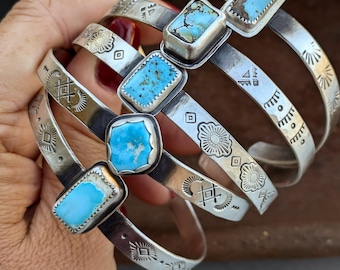 Sterling Turquoise Cuff Bracelets, Hand Forged, Western Boho