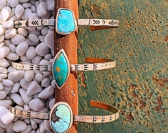 Sterling Turquoise Cuff Bracelets, Hand Forged, Western Boho