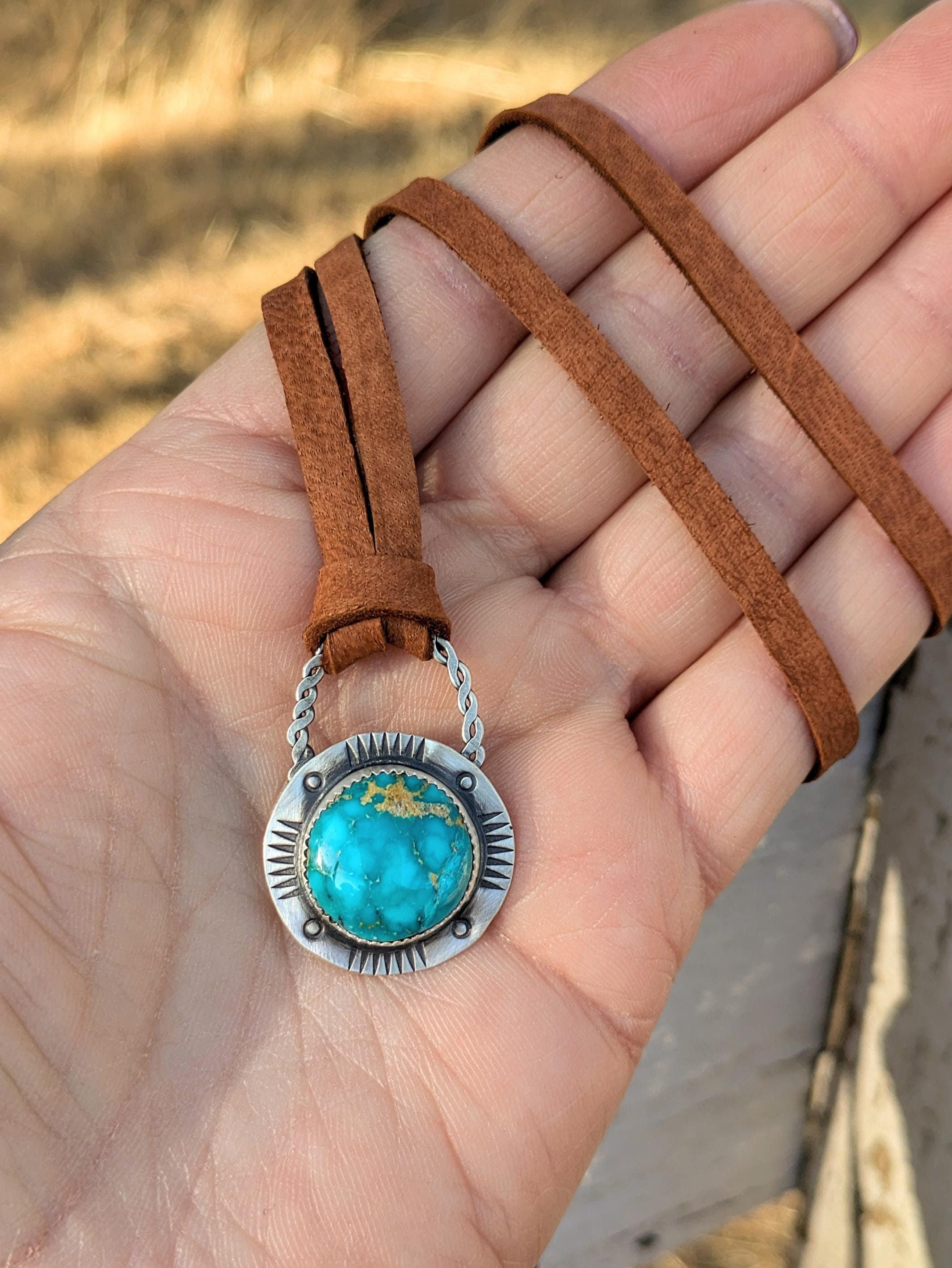 South Hill Turquoise Necklace, Sterling Silver & Leather, Adjustable Length, Handmade, OOAK