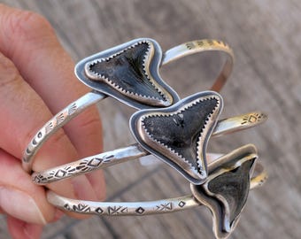 Shark Tooth Cuff, Hand Forged Sterling Silver Bracelet, Authentic Fossilized Shark Tooth