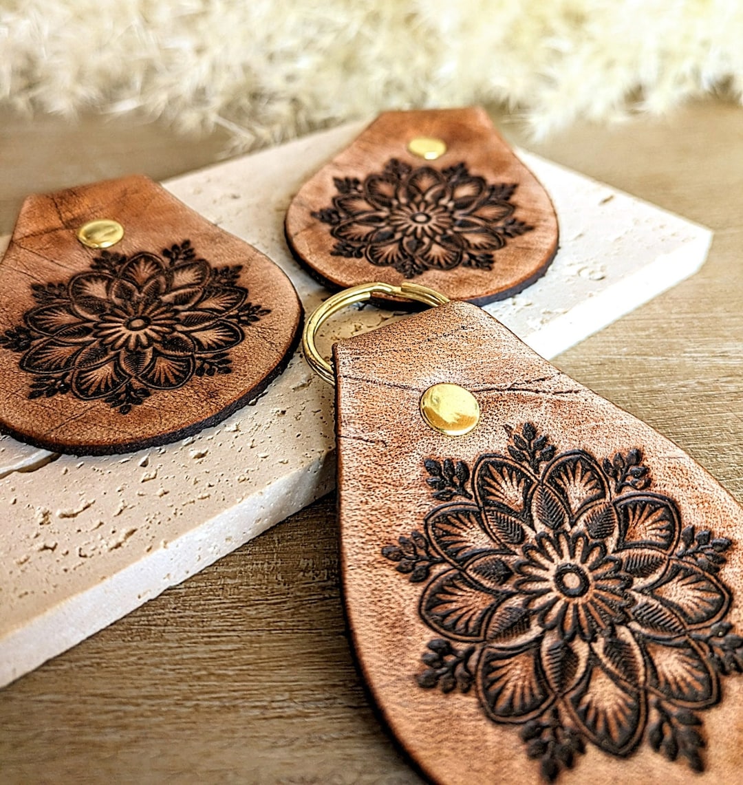 Hand Tooled Leather Keychain Western Boho Keyring Handmade Etsy