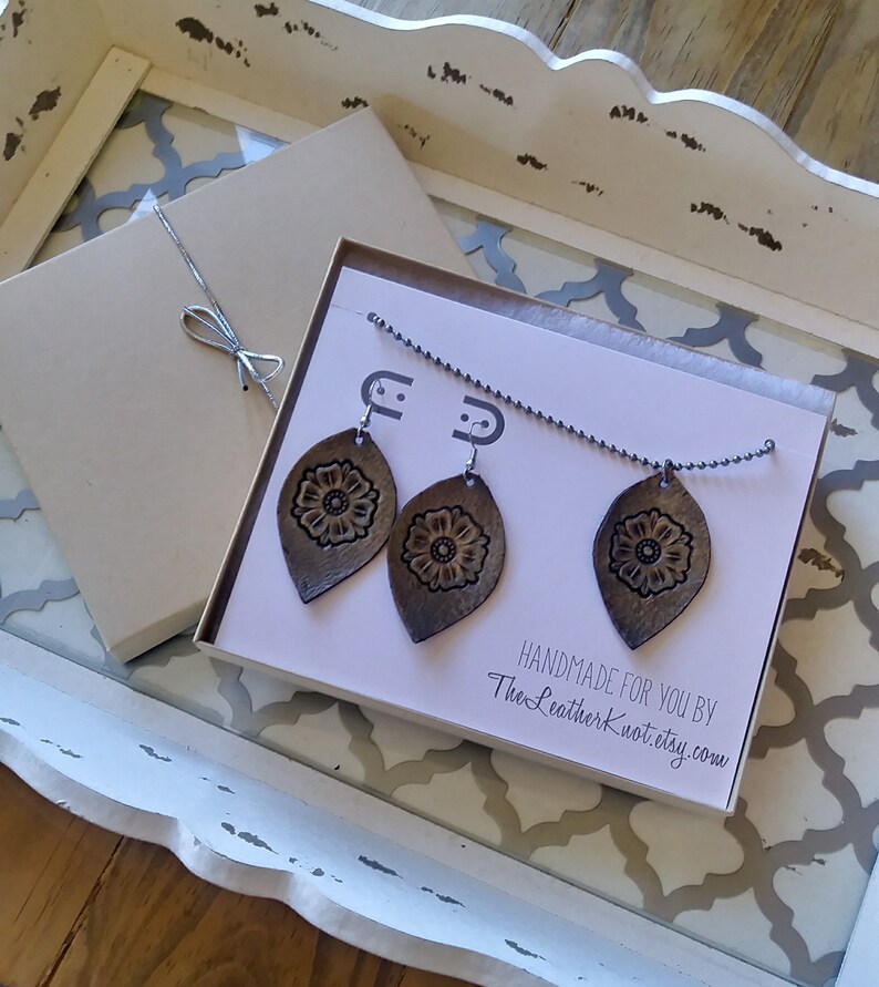 Hand Painted Boho Style Handmade Gift Boxed Matching Set Genuine Leather Tooled Gift Set of Leather Jewelry Earrings and Necklace