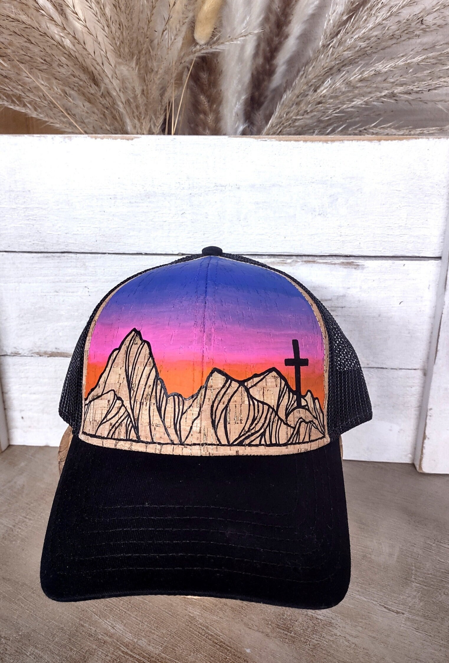 Hand Painted Trucker Hat, Mountain Cross at Sunset, One of a 