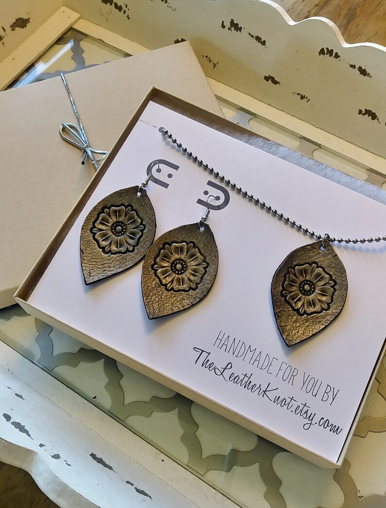 Hand Painted Boho Style Handmade Gift Boxed Matching Set Genuine Leather Tooled Gift Set of Leather Jewelry Earrings and Necklace