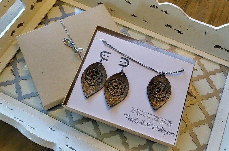 Hand Painted Boho Style Handmade Gift Boxed Matching Set Genuine Leather Tooled Gift Set of Leather Jewelry Earrings and Necklace
